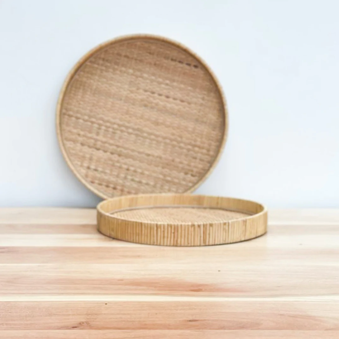 Natural Rattan Round Serving Trays - Set of 2