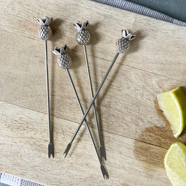 Set Of 4 Silver Pineapple Olive/Cocktail Picks