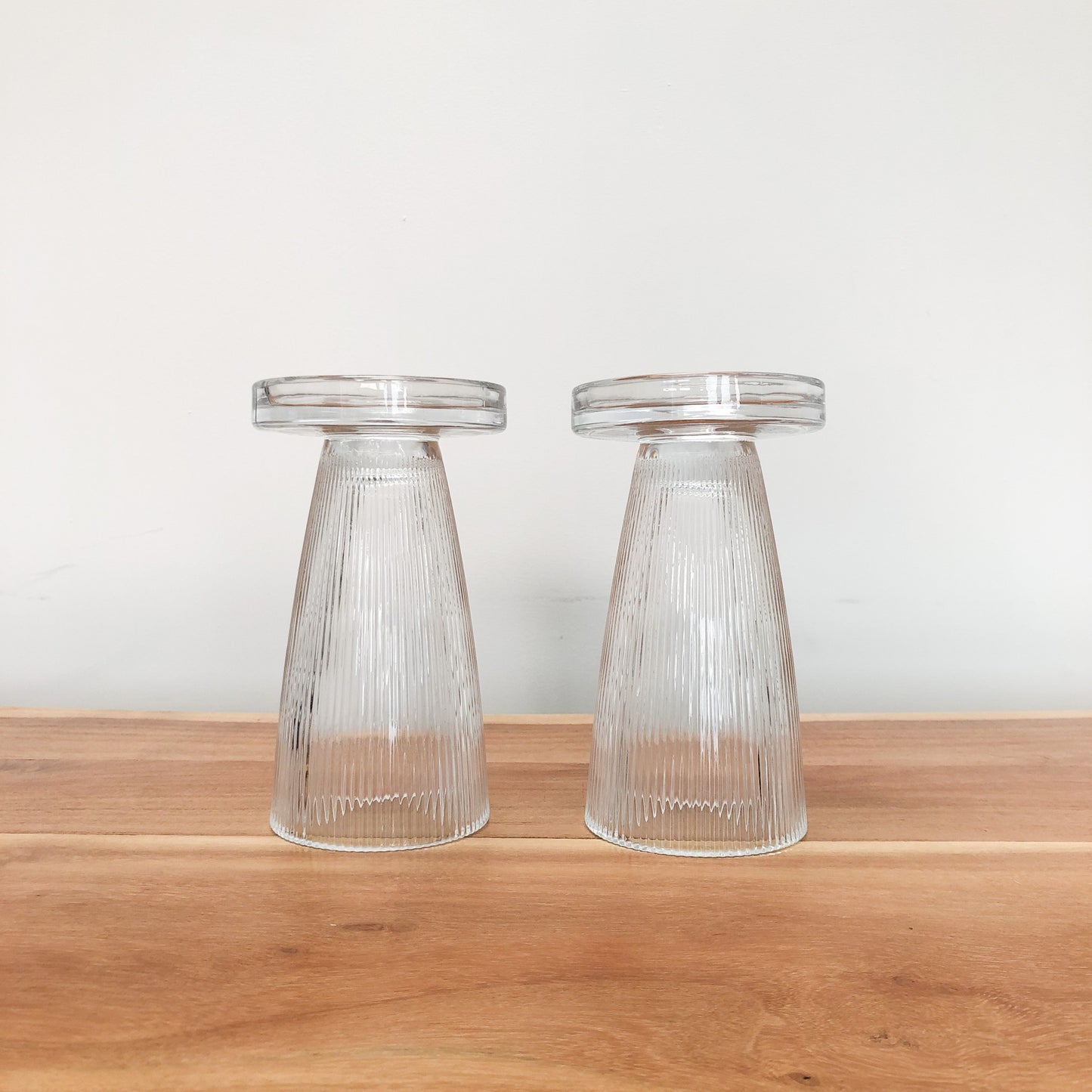 Clear Glass Ribbed Candleholder - Set of 2
