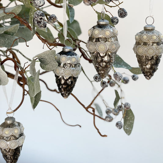 Silver Pearl Beaded Fir Cone Glass Bauble - Set of 3